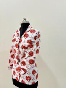 Womens White Cotton Shirt with <b>Red</b> Pomegranate Print Long Sleeve Button Down <b>Top</b> - Product Image 5