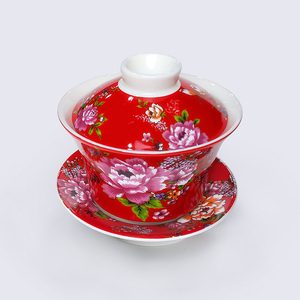 Juego de té de cerámica retro con estampado por transferencia de agua, Gaiwan de porcelana roja Shin Tai Yuan, para la ceremonia del té Kung Fu - Product Image 1