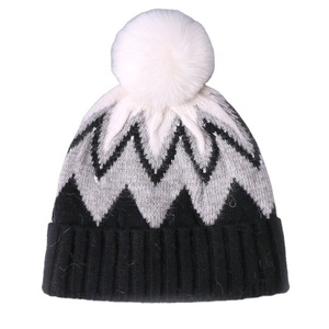 Winter Women's Custom <b>Wool</b> Ski Cap Mixed Color Knitted Stripe Pattern Faux Fur Pompon Cute Cuff <b>Beanie</b> for Performance Cycling - Product Image 3