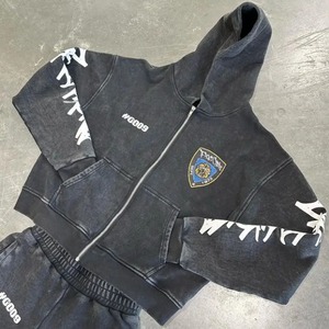 Black Acid Washed Full <b>Zip</b> <b>up</b> Vintage Distressed Stone Wash Streetwear Sweatsuit Flared Sweatpants and Hoodie Set Men Tracksuits - Product Image 2