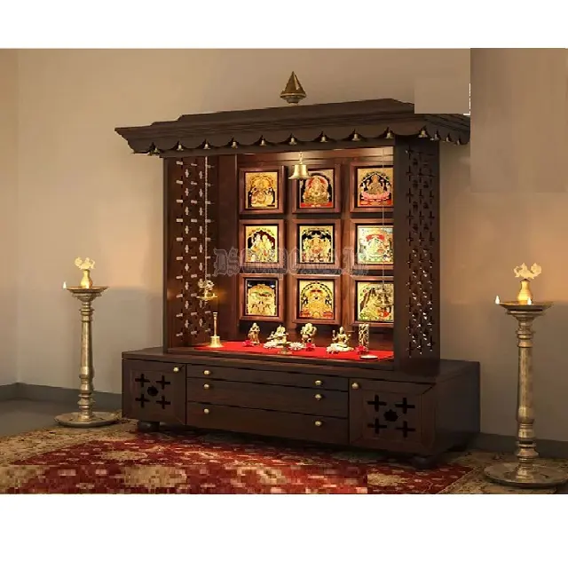 Pooja Mandir hecho a mano de madera maciza Handi para el hogar, diseño elegante, gabinete Pooja de madera de teca, templo de madera maciza de estilo indio del Sur