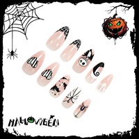 HYC-DY-652 Faux ongles à presser Halloween, motif crâne et araignée peints à la main, réutilisables, couverture complète, design gothique, 24 pièces