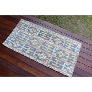 Alfombra Vintage de 2x3.9 pies, Alfombra Turca, Alfombra de Lana con Diseño Floral Azul - Product Image 3