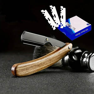 Maquinilla de Afeitar Manual con Mango de Madera, Maquinilla de Afeitar de Borde Recto de Acero Inoxidable con 10 Cuchillas para Depilación, Salón de Peluquería y Uso Doméstico - Product Image 2