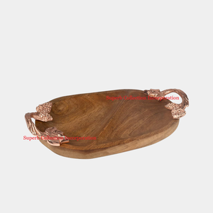ถาดเสิร์ฟทรงไข่ทำด้วยมือทำจากไม้มะม่วงหรูหราพร้อมที่จับรูปใบไม้ทองแดงถาดเสิร์ฟของว่างเหมาะสำหรับตกแต่งบ้านและให้เป็นของขวัญ - Product Image 1