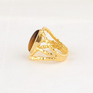 Nouvelle arrivée, bague ajustable en pierre naturelle œil de tigre ovale, laiton massif plaqué or 18 carats, texture de designer, anneaux à trois couches - Product Image 5