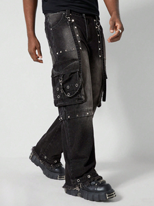 Pierna recta de alta calidad para hombre, holgada, diseño multibolsillo, negro, gris, cadena lavada, cuentas de uñas, monos de cintura media de talla grande - Product Image 5