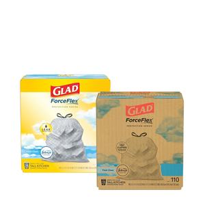 Sacs poubelle de cuisine Glad ForceFlex, grands, à cordon, en plastique transparent, biodégradables et recyclables, 13 gallons, Fresh Clean, 110 unités - Product Image 1