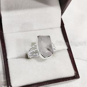 Joyería de piedra en bruto, anillo para mujer, piedra preciosa Natural cruda de cuarzo rosa, piedra natal de abril, 3 bandas dotadas, anillo de Plata de Ley 925 oriental - Product Image 3