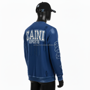 Sudadera de Forro Polar para Hombre, Estilo Lavado Azul, Detalles Desgastados con Parches, Bordado de Chenilla, Opción de Logotipo Personalizado, Sudaderas Básicas - Product Image 5