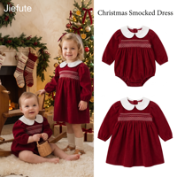 Ensemble Robe Smockée de Noël et Barboteuse Assortie pour Bébé Jiefute – Tenue Frangère Rouge Style Espagnol Vintage pour Fêtes de Fin d'Année