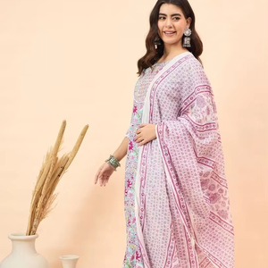 <b>women</b> ethnic <b>Floral</b> Printed Pure Cotton Anarkali Kurta With <b>Trousers</b> & Dupatta indian pakistani salwaar kameez - Product Image 1