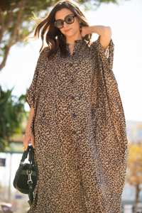 Femmes élégant imprimé léopard col en v sans manches longueur au sol décontracté été imprimé fleuri plissé 100% coton Maxi robe - Product Image 2