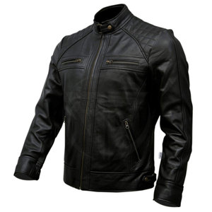 Chaqueta de motorista de piel de vaca de invierno para hombre personalizada al por mayor chaqueta de cuero negro con cuello levantado de nuevo diseño - Product Image 4