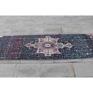 Tapis turc, tapis de couloir 2,6x10,9 pieds, tapis vintage, tapis en laine bleu et rose à bordures - Product Image 4