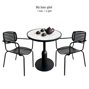 Modern Ceramic Round <b>Table</b> and 2 Powder-Coated Iron Chairs Set CBCF215 - Product Image 1