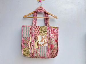 Women's Boho Patchwork Quilted Cotton <b>Tote</b> <b>Bag</b> with Zipper Closure Large / Small Size for Shopping & Daily Use Made in Rajasthan - Product Image 6