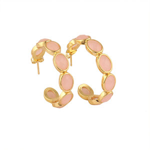 Pink chalcedony faceted gemstone hoop <b>earrings</b> 18k gold plated solid brass ear <b>post</b> with butterfly back statement jewelry - Product Image 2