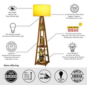 Rustic Walnut Elegant StylishClassic Wooden Floor <b>Lamp</b> with <b>Shelf</b> Fresh Yellow LED Classic Multicolor Fabric wholesale supply - Product Image 5