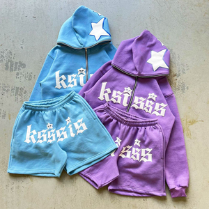 Ensemble sweat à capuche et short vintage pour homme, tenue d'été deux pièces avec patch étoile, survêtement décontracté et mignon - Product Image 1