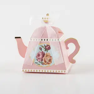 热卖水壶形状定制纸袋带标志豪华婚庆礼品糖果盒带丝带茶壶设计糖果礼品