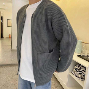 Cardigan tricoté à col rond pour hommes à la mode unisexe coupe décontractée respirant à manches longues pull côtelé décontracté - Product Image 5