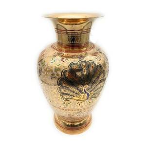 Vase à fleurs en laiton de haute qualité paon gravé multicolore avec finition polonaise pour la décoration de table et la décoration de table - Product Image 1