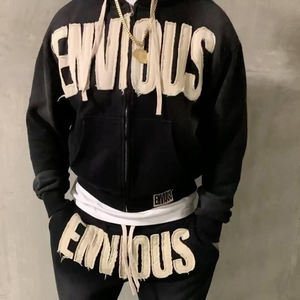 Custom French Terry Sweatsuit Jogger Sets Tracksuit Distressed Patch <b>Applique</b> Embroidery Flared Hoodie and Sweatpants Set - Product Image 6