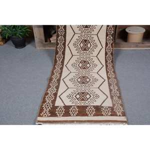 Vintage Turkish Large Area <b>Rug</b> 2.5 X 8.6ft Brown Beige Patchwork Rectangle Design 10mm Wool Latex Backing for Room <b>Bedside</b> Decor - Product Image 5