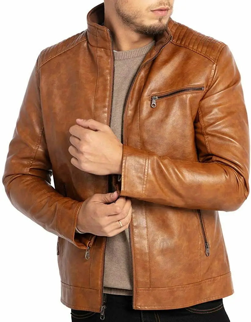 Latest Trendy Pattern Men Genuine Sheepskin 100% Leather Jacket Tan Stylish Coat