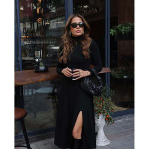 Vestido Modal de Manga Larga con Cuello Alto y Abertura Profunda para Mujer de Jane - Estilo Casual Midi con Corte en A - Product Image 5
