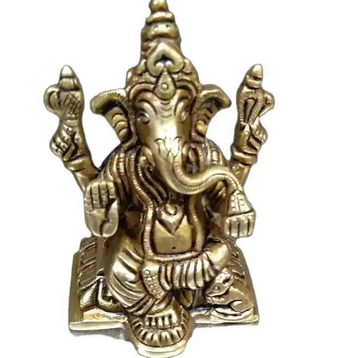 GOD IDOL IN BRASS METAL GANPATI MURTI IN GOLDEN FOR POOJA INDIAN RELIGIOUS MURTI FOR FESTIVAL MANDIR GIFT FOR EXPORT