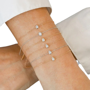 สร้อยข้อมือเพชรทรงรีแบบฝังขอบ สร้อยข้อมือเพชรทรงลูกแพร์ CVD แบบเดี่ยว ทองคำแท้ 14K สีเหลืองทอง สำหรับผู้หญิง - Product Image 1