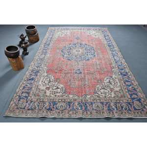 Classique Rouge Bleu Vintage Tapis Turc 6.7X11 ft Grande Surface Rectangle Patchwork Conception Bio Coton Laine Latex Couloir Chambre - Product Image 1