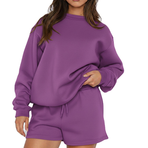 Women's Plus Size Casual Winter Knitting <b>Sweatshirt</b> <b>Shorts</b> Set Polyester Breathable Long <b>Sleeve</b> Solid Pattern Above Knee - Product Image 1