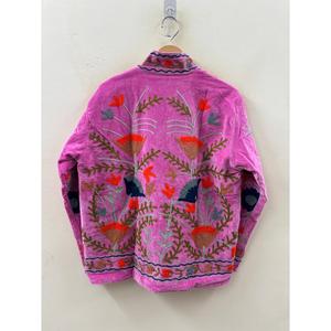 Orchid Pink Anaar Bloom Varsity Style Suzani Hand-Embroidered Velvet <b>Jacket</b> for Spring for Rust Sage & Indigo Florals Outerwear - Product Image 1
