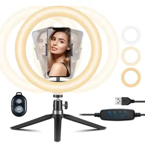 Anillo de luz Selfie de 10 "con soporte de trípode de 210cm y soporte para teléfono Anillo LED de 3 colores para fotografía Transmisión en vivo Maquillaje Video