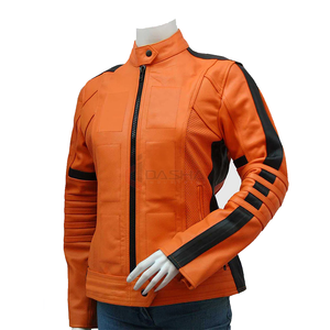 Chaqueta de cuero de bombardero de piel de oveja personalizada OEM para mujer, estilo de motocicleta Varsity de talla grande con cremallera - Product Image 6