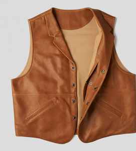 Mens Tan Leather Woolen Breathable Winter Mandarin Collar Western Vest Vintage Cowboy Style Lapel <b>Waistcoat</b> Rancher Apparel - Product Image 1