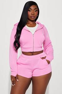 Logo personnalisé rose femmes fermeture éclair haut à capuche et ensemble court survêtements deux pièces ensemble femmes survêtement travail à capuche ensemble en gros - Product Image 2