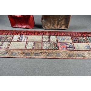 2.8x9.5 ft Rug, Vintage Turkish Rug, <b>Red</b> Animal Print <b>Wool</b> Rug - Product Image 3