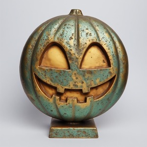 Escultura de calabaza de aluminio intrincadamente tallada, acabado de Pátina verde, belleza artesanal hecha a mano que enriquece el elegante Halloween - Product Image 3