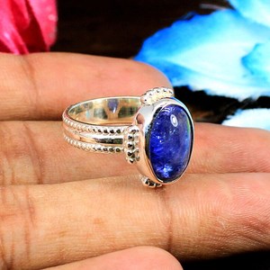 Anillo de piedras preciosas de tanzanita ovalada, Plata 92,5 chapada en rodio, forma de marquesa, patrón de Luna, oro amarillo, juego de platino, 5,59 gramos, 10x8mm - Product Image 3