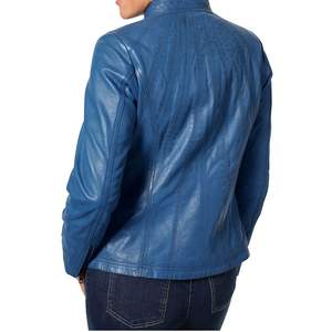 Veste en cuir de couleur bleue pour dames mode cuir véritable col montant balles jeans porter des vestes - Product Image 1