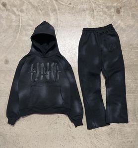 Custom Distress Acid Wash Hoodie and Sweatpants Set Vintage Tracksuit Sweatsuit Sweat Stack Flare <b>Pant</b> Suit for Men - Product Image 2