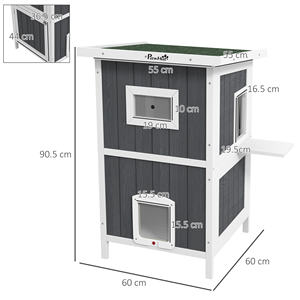 PawHut-Casa para gatos de madera para exteriores de 2 niveles con techo de asfalto y 4 puertas, 60x60x90,5 cm, gris - Product Image 3