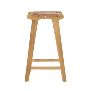 Minimalist Garden Bar Chair <b>Stool</b> Modern Teak Wooden <b>Leather</b> Chair Bar <b>Stool</b> for Outdoor Restaurant Bar Coffee Shop Furniture - Product Image 4