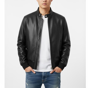 Chaqueta Bomber de Piel de Oveja Negra para Hombre, Estilo Café Racer, Ajustada, con Cuello Alto Personalizado, Impermeable, Reversible, Proveedor al por Mayor - Product Image 1