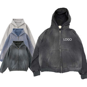 Streetwear de haute qualité sweat à capuche personnalisé polaire vierge fermeture éclair Vintage Double couche lavage à l'acide soleil délavé poches en détresse sweats à capuche - Product Image 1