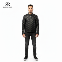 Blouson de motard en cuir véritable pour homme - Coupe ajustée avec surpiqûres losanges et logo frontal
